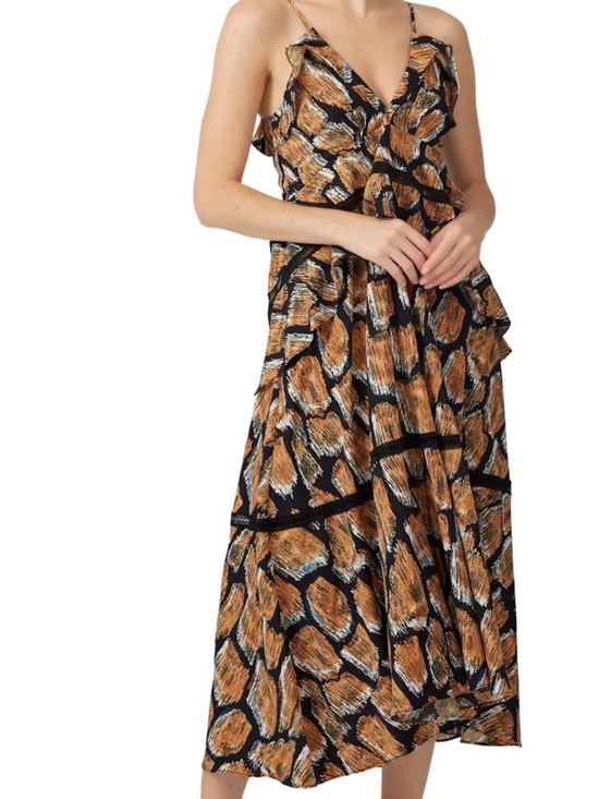 HUNTER BELL Dresses & Skirts - HUNTER BELL Sleeveless V-Neck Midi Dress in Brown and Black Abstract Print